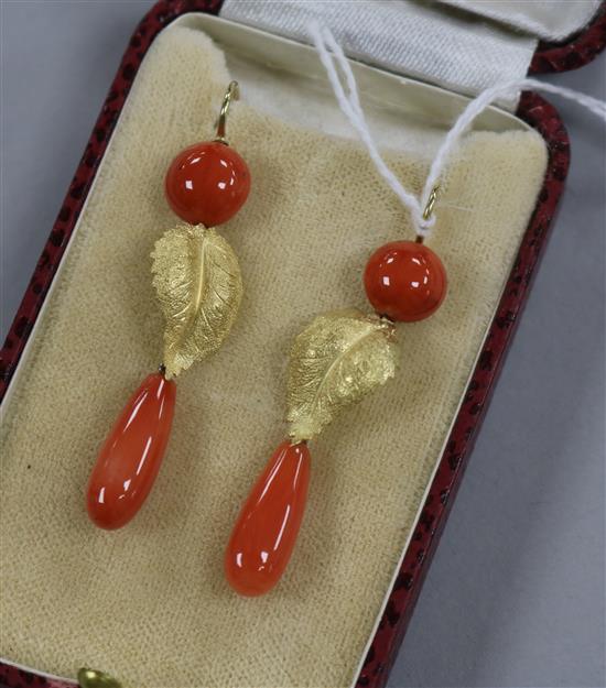 A pair of yellow metal leaf and coral drop earrings, 40mm.